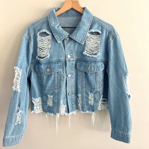 Ripped Frayed Hem Drop Shoulder Denim Jacket NWOT Shein 0XL